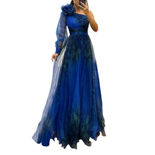 2024 Womens Evening Dress One Shoulder Pleated Pleated Mesh Single Long Sleeve Slim Waist A-line Floor Length Slit Banquet Dress