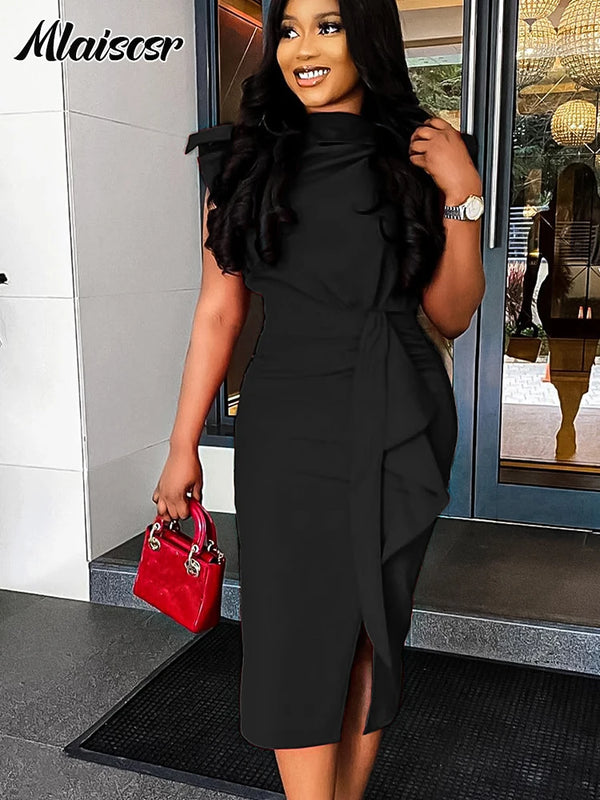 Mlaiscsr Blue Summer African Dresses for Women Clothing Ruffles Wrap Hip O Neck Short Sleeve Pencil Dress Evening Clubwear 2025