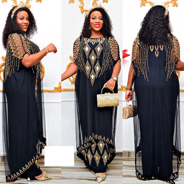 Fake Two-Piece African Dresses for Women 2025 Traditional Nigeria Mesh Hot Drill Caftan Dress Abaya Musulman Robe Femme Clothes