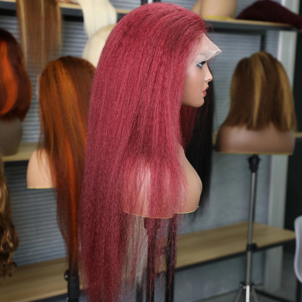 99J Burgundy Colored Kinky Straight 13x4 Lace Front Wig Human Hair Brazilian Remy 13x6 HD Lace Frontal Wig For Women Pre Plucked