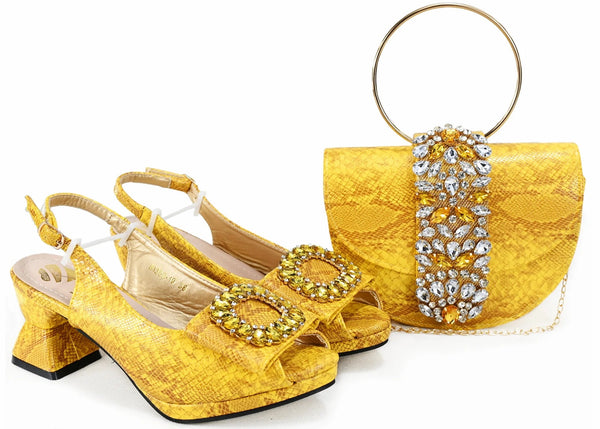 2025 Autumn New Design Specials Italian Women Shoes and Bag Set Comfortable Mid Heels With Rhinestone in Yellow Color