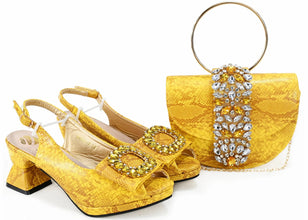 2025 Autumn New Design Specials Italian Women Shoes and Bag Set Comfortable Mid Heels With Rhinestone in Yellow Color