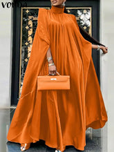 Women Evening Maxi Dress VONDA 2023 Summer Stand Collar Elegant Satin Long Bat Sleeve Pleated Sundress Casual Solid Robe Femme