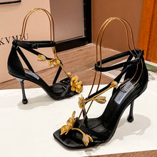 Black High Heel Sandal sGold Flower Metal Strap Design Fashion Hot Selling