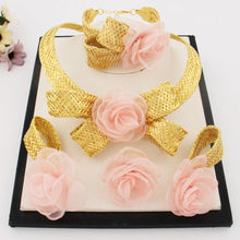 Shining Gold Plated Pink Big Flower Shape Necklace Bangle Earrings Ring Women Jewelry Set for Party Wedding Gifts