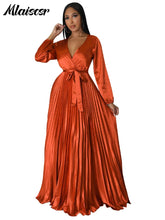 Mlaiscsr Elegant Wedding Guest Pleated Long Dress Women V Neck Lantern Sleeves Sashes Big Swing Sexy Birthday Party Evening Robe