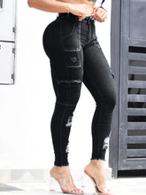 Women's Blue Elastic Jeans With Waist And Hip Lift Tight Little Fee Hairy Edges Sexy Overalls Multi-pocket Pants Lipstick Print