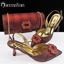 Spot Goods Italian Fashion Women Heels Elegant Color Block Design Brown Shoes And Bag Full Rhinestone Party Bag