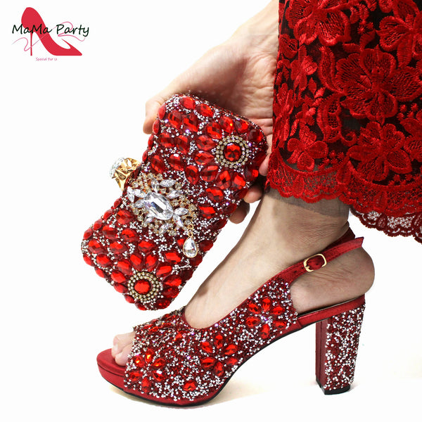 2024 Fashion New Arrivals INS Hot Sale Full Crystal Shinning Shoes and Bag Set for Dress in Red Color Sandals Christmas Party