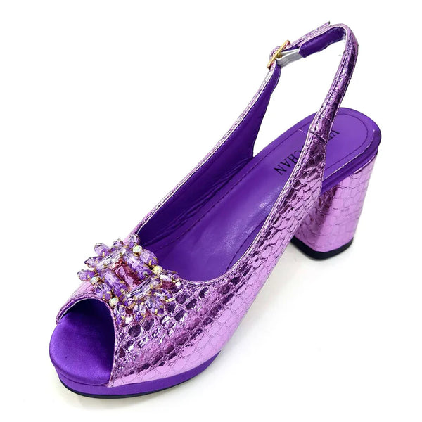 2025 Fashion Open Toe Women Strange Heels Bigger Size Fashion Rhinestone Decoration Purple Shoes And Bag Set Party Bag