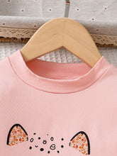 Spring and autumn girls fashion cute 2-piece set micro-elastic pink round neck cartoon long sleeve imitation denim slim pants cl