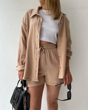Women's Short Sets 2 Pcs Sale Grass Green Loose Button Cardigan Blouse Coats & Drawstring Wide Leg Loose Short Pant Suits