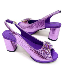 2025 Fashion Open Toe Women Strange Heels Bigger Size Fashion Rhinestone Decoration Purple Shoes And Bag Set Party Bag