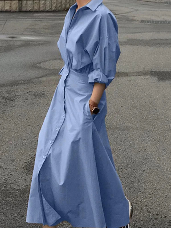 Modigirl Women Summer Long Dresses 2025 Spring Fall Clothes Blue Puff Sleeves Botton Simple Casual Maxi Shirts Dresses for Women