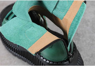 Koznoy 8cm Ethnic Cow Genuine Leather Ankle Booties Women Hollow Peep Toe Platform Wedge Breathable Zip Summer Fashion Shoes