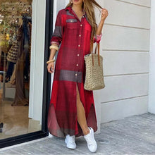 Long Sleeve Dress Plaid Robe Maxi Beach Dress Summer Elegant Women Button Irregular Shirt Dress Split Print Lapel Party Robe