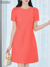ZANZEA Korean Fashion Puff Sleeve Short Dresses Commute Elegant Solid Fitted Waist Party Robes Women Textured A-line Vestidos