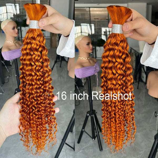 #350 Orange Color 100% Human Hair Bulk for Braiding 16-24 inch Deep Wave Jerry Curly Boho Braids Hair Bulk Extension Bobbi Hair