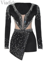 Women Sexy Rompers V-Neck Mesh Rhinestone Skinny Long Sleeve Playsuits