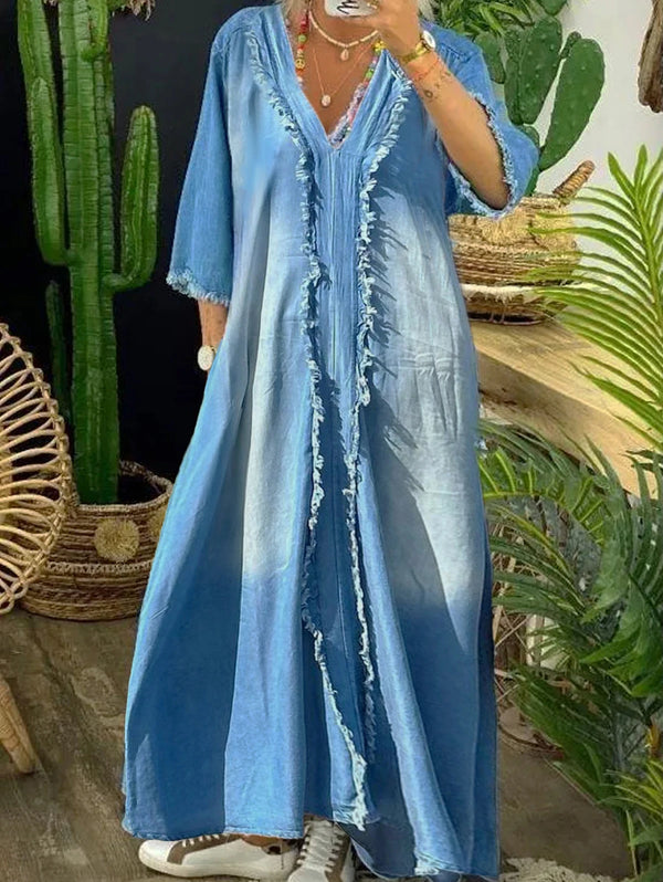 Retro Denim Long Dress Women Summer Loose V Neck 3/4 Sleeve Denim Big Swing Dresses Lady Fashion Casual Stitching Jeans Skirt