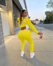 Women's Fitness Running Sets Fleece Long Sleeve Cropped Hoodies+Jogger Tracksuit