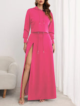 CM.YAYA Fashion Women's Set Long Sleeve Hooded Sweatshirt and High Side Split A-line Maxi Skirt Suit 2024 Two 2 Piece Set Outfit