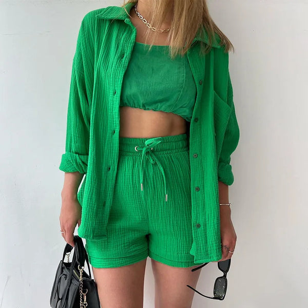 Women's Short Sets 2 Pcs Sale Grass Green Loose Button Cardigan Blouse Coats & Drawstring Wide Leg Loose Short Pant Suits
