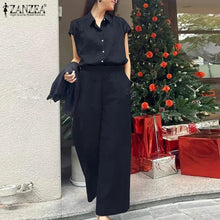 ZANZEA 2025 Summer Wide Leg Pants 2-Pieces Suits Elegant Commute Solid Causal Pant Sets Short Sleeve Shirt Women Trouser Outfits