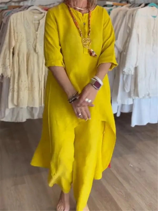 2024 Europe and the United States cross-border summer new, pure color casual long-sleeved cotton and linen suit women