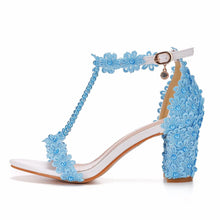 Plus Size 34-43 Shoes for Women Summer Lace Flower Sandals Peep Toe Fashion String Bead High Heel Party Wedding Evening Shoes