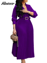 Mlaiscsr Purple Fashion Belt V-Neck Long Sleeve A-Line Pleated Dress Women Elegant Slim Evening Party Club Vestidos African Robe