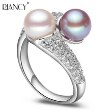 Beautiful Natural Double Pearl Rings For Women,Wedding 925 Silver Pearl Ring Adjustable Wife Mother Birthday Gift White Black