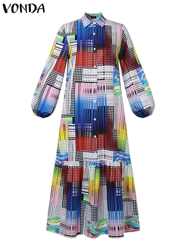 VONDA Plus Size Bohemian Printed Dress 2024 Autumn Women Elegant Long Sleeve Vintage Maxi Sundress Casual Buttons Loose Robe 5XL