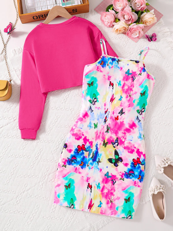Girls' clothing set autumn fashion solid color round neck short top butterfly pattern suspender skirt student girl two-piece set