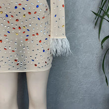 CM.YAYA Vintage Women Mesh See Though Crystal Feather Hem Long Sleeve Bodycon Midi Maxi Long Dress Sexy Party Club Dresses