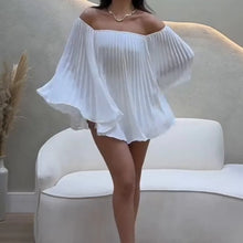 Women's Sexy One Shoulder Pleated Chiffon Long Sleeve Shorts 2 Piece Fashion Loose Shawl Sleeves Elegant Female Beach Shorts Set