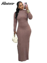 Mlaiscsr Knit Ribbed Elegant Evening Dresses Women Long Sleeve Side Split Slim Bodycon Sexy Birthday Party Prom Fall Winter Robe