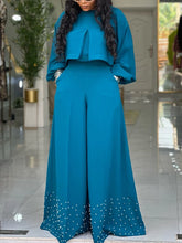 two piece sets women outfits o neck long lantern sleeve tops Embroidered Flares wide leg trousers fashion casual party Pant Sets