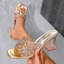 Shiny Sequins High Heel Slippers for Women Summer Fashion Square Toe Transparent Heeled Sandals Woman Gold Silver Glitter Slides