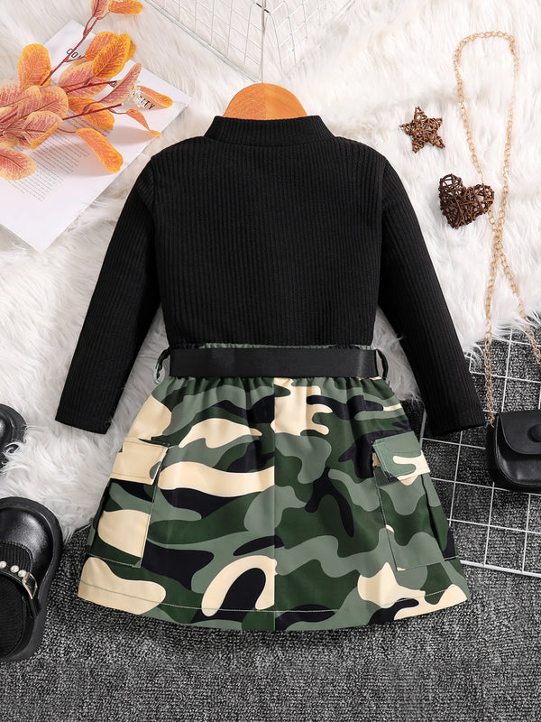2-piece children's clothing autumn fashion girls' set - black round neck long sleeved top and camouflage skirt