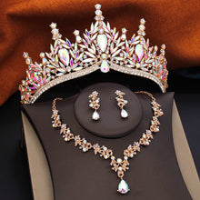 3 Pcs Princess Wedding Crown Jewelry Sets and Tiaras Green Pink Bride Necklace Earrings Set Girls Prom Birthday Accessory