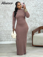 Mlaiscsr Knit Ribbed Elegant Evening Dresses Women Long Sleeve Side Split Slim Bodycon Sexy Birthday Party Prom Fall Winter Robe