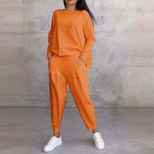 Women Two Piece Pant Sets Solid Full Sleeved Tops Round Neck Casual Midi Waist Long Pants Pockets Regular Elegant Lady