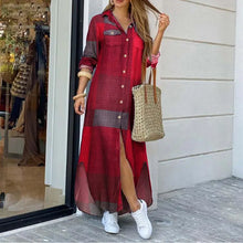 Long Sleeve Dress Plaid Robe Maxi Beach Dress Summer Elegant Women Button Irregular Shirt Dress Split Print Lapel Party Robe