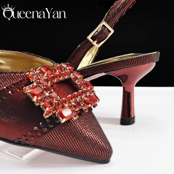 Nigeria Elegant Noble Party Wedding Shoes And Bag Pointed Toe Decorated With Rhinestone Women's Heel Shoes