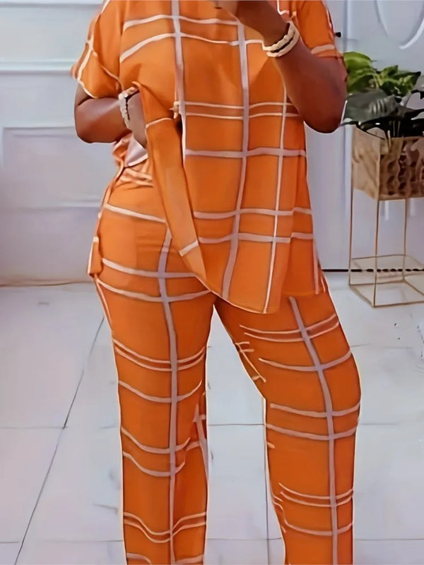 Spring Autumn New Women's Fashion Elements Striped Grid Printed Casual Round Neck Large Comfortable Two Piece Set