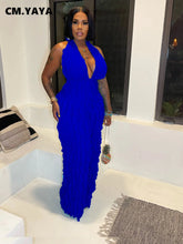 CM.YAYA Fashion Women Wave Ruffles Halter Deep V-neck Backless Sleeveless Wide Leg Jumpsuit 2023 Sexy Party Club Romper Playsuit