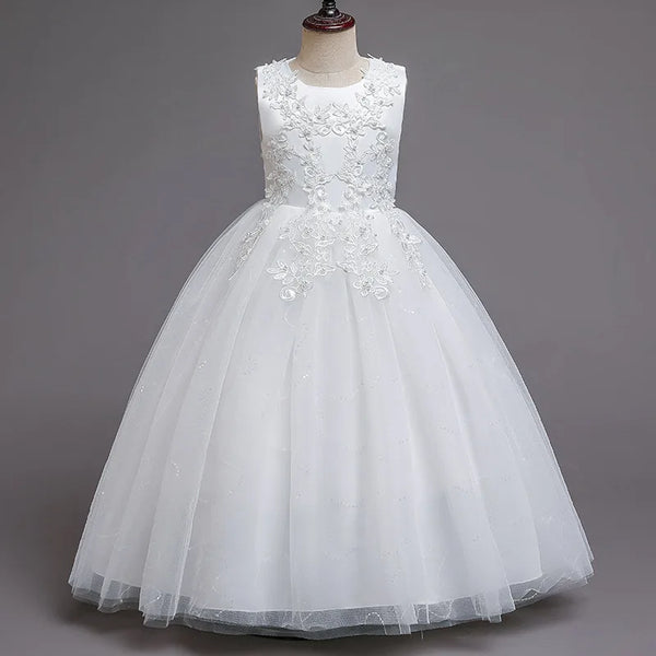 Girls White Lace Pearl Flower Princess Dress For Sequins Sleeveless First Communion Bridesmaid Wedding Formal Evening Long Gown