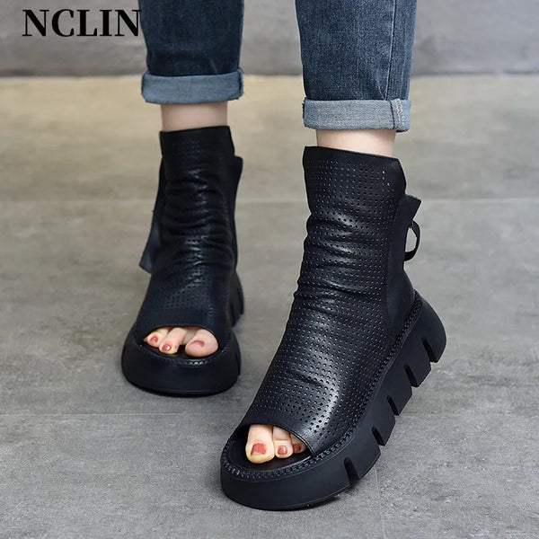 2024 New Summer Women Sandals Round Toe Chunky Heel Platform Shoes Genunine Leather Cover Heel GLADIATOR Sandals Women Handmade