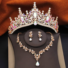 3 Pcs Princess Wedding Crown Jewelry Sets and Tiaras Green Pink Bride Necklace Earrings Set Girls Prom Birthday Accessory